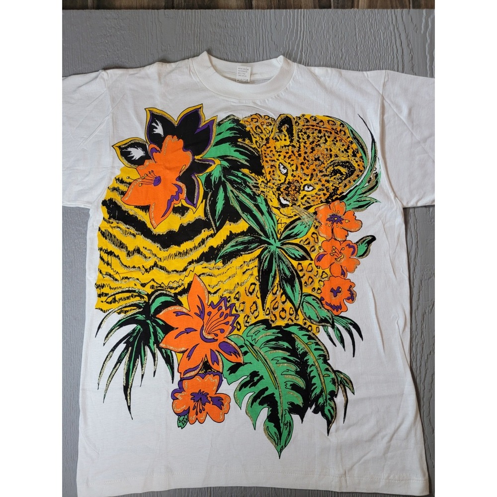 ♡Vintage Pro Ace Cheetah Tropical Glitter Graphic T-Shirt Mens Large White 90s